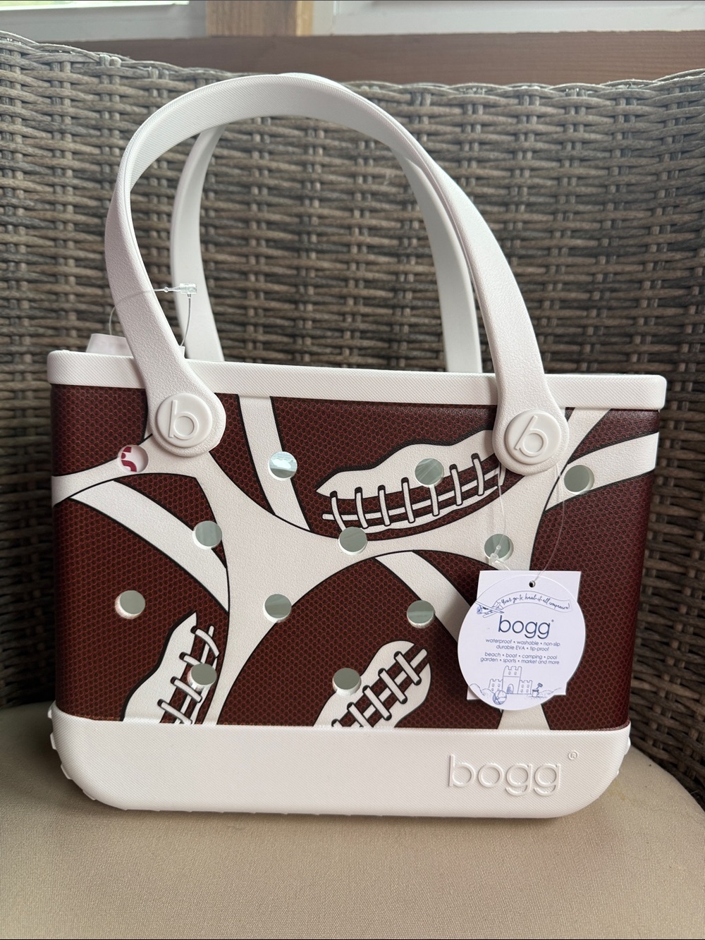 Bitty BOGG BAG White & Brown Football Print Tote
